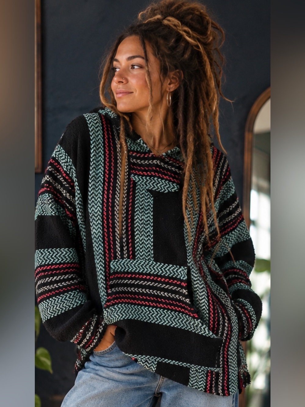 Baja Joe Hooded Pullover Sweater - Black with Teal & Red Stripes Large
